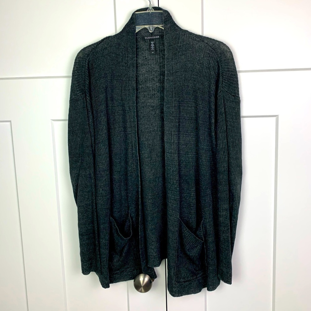 Eileen Fisher SMALL 100% Organic Linen Sweater Cardigan Gray